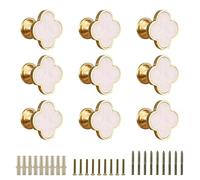 EVERGD 6/9pcs 28mm Four-Leaf Brass Gold Clover Knobs Cabinet Door Knobs Drawer Pulls with Screws, Handle Brushed Brass Dresser Drawer Pulls Handles Coat Hook Single Hole (Pearl White, 9)
