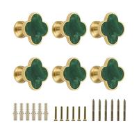 EVERGD 6/9pcs 28mm Four-Leaf Brass Gold Clover Knobs Cabinet Door Knobs Drawer Pulls with Screws, Handle Brushed Brass Dresser Drawer Pulls Handles Coat Hook Single Hole (Dark Green, 6)