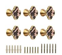 EVERGD 6/9pcs 28mm Four-Leaf Brass Gold Clover Knobs Cabinet Door Knobs Drawer Pulls with Screws, Handle Brushed Brass Dresser Drawer Pulls Handles Coat Hook Single Hole (Amber&Black, 6)