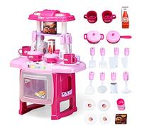 EVERGD Kitchen Playset Role Playing Game Small Kitchen Toy Play Set with Light and Sound 24 Accessories Included Best Gift for Boys Girls (Pink-24 Accessories)