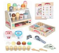 EVERGD Wooden Ice Cream Counter Shop Playset Toy set for Kids, Play Food Dessert Toy Set for Pretend Role Play Kitchen Toy, Safe Natural Wooden Toy Gift for 3 Years Old Boy or Girl (Beige/Cream)