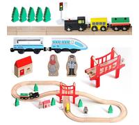 EVERGD Wooden Train Set for Toddler-Sturdy 39 Pcs Wooden Toys Train Track with Battery Operated Magnetic Electric Train Expandable Train Toy for Kids Age 3 Years Up (39pcs Wooden train set)