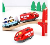 EVERGD Wooden Train Set for Toddler-Sturdy 39 Pcs Wooden Toys Train Track with Battery Operated Magnetic Electric Train Expandable Train Toy for Kids Age 3 Years Up (Red Electric Train)