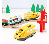EVERGD Wooden Train Set for Toddler-Sturdy 39 Pcs Wooden Toys Train Track with Battery Operated Magnetic Electric Train Expandable Train Toy for Kids Age 3 Years Up (Yellow Electric Train)