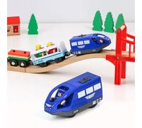 EVERGD Wooden Train Set for Toddler-Sturdy 39 Pcs Wooden Toys Train Track with Battery Operated Magnetic Electric Train Expandable Train Toy for Kids Age 3 Years Up (Blue Electric Train)