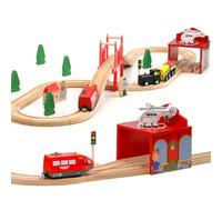 EVERGD Wooden Train Track Toy Set for Toddler 46PCS Busy City Expandable & Changeable Wooden Train Railway Tracks Toy Compatible with Major Brands Best Gift for Kids Boys Girls