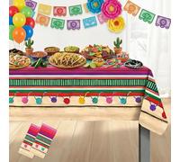 Everglit Cinco De Mayo Mexican Fiesta Tablecloth: 130×220CM Serape Striped Pom Pom Tassel Plastic Disposable Mexico Taco Night Birthday Party Decorations Rectangular Table Cover Party Supplies(2 Pcs)