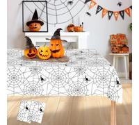 Everglit Halloween Plastic Tablecloth Cover Party - 137×274CM White Spider Web Table Cloth Waterproof Wipe Clean Rectangle Decoration for Holiday Dinner Supplies(2 Pcs)