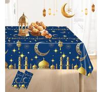 Everglit Ramadan Plastic Disposable Table Cloth: 137×274CM Blue and Gold Mosque Moon Star Lamp Ramadan Kareem Table Cover Muslim Eid Al-fitr Eid Mubarak Tablecloths Party Supplies(2 Pcs)