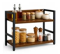 evergoods 2 Tier Spice Rack Countertop Organizer Rustic Wood Storage Shelf | Kitchen Counter Organizer Metal Wood Shelf with Multi-Purpose Storage for Spices Books Cosmetics Office Desktop 43x18x29.5cm