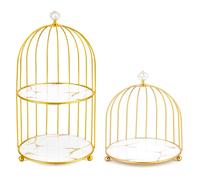 EVERGOODS 2Pcs Cake Stand Cupcake Stand, Bird Cage Vanity Tray Set, Gold Makeup Organiser with Marble Pattern Trays, Decorative Storage Stand for Cosmetics, Perfume, Jewelry, Bathroom