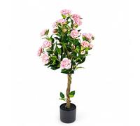 EVERGOODS Artificial Pink Rose Tree with Twisted Natural Trunk, Potted Faux Rose Topiary in Plastic Nursery Pot, UV Resistant Fake Flower Plant for Indoor Home Garden Patio Wedding Decor (90cm)