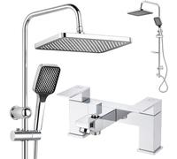 EVERGOODS Bath Shower Mixer Tap with Twin Shower Heads, Solid Brass Bath Mixer with Rigid Riser Rail, Rainfall Drencher & Handheld Shower Set, Modern Square Bathroom Faucet