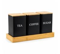 EVERGOODS Coffee Tea Sugar Set Tea Coffee Sugar Canister Set with Tray,3 Piece Black Kitchen Storage Canisters with Airtight Lids, Bamboo Lid Glass Jars Easy to Open Airtight Lids for Tea, Coffee