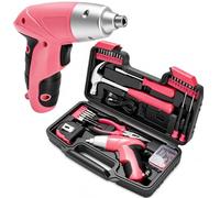 EVERGOODS Pink Household Tool Set - Complete Home Repair Kit for Women, Cordless Automatic Screwdriver, Precision Hand Tools, Pliers, Tape Measure, Level, Easy-to-Use Compact Toolkit for DIY