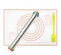 EVERGOODS Rolling Pin Rolling Pin with Thickness Rings Adjustable Stainless Steel 17 inch Rollings Pins 24"x16" Non-Stick Silicone Rollings Mat Non-Stick Dough Roller Stainless Steel Revolving