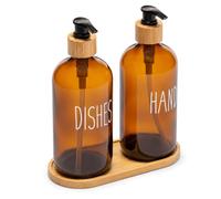 EVERGOODS Soap Dispenser Set with Bamboo Tray, 2 Pack Refillable Hand & Dish Soap Pump Bottles, Kitchen & Bathroom Countertop Organiser, Farmhouse Style Shampoo & Lotion Dispensers (Brown + Brown)
