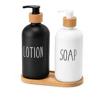 EVERGOODS Soap Dispenser Set with Bamboo Tray, 2 Pack Refillable Hand & Dish Soap Pump Bottles, Kitchen & Bathroom Countertop Organiser, Farmhouse Style Shampoo & Lotion Dispensers (Black + White)