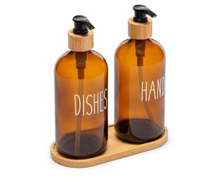 EVERGOODS Soap Dispenser Set with Bamboo Tray, 2 Pack Refillable Hand & Dish Soap Pump Bottles, Kitchen & Bathroom Countertop Organiser, Farmhouse Style Shampoo & Lotion Dispensers (Brown + Brown)