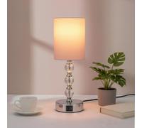 EVERGOODS Touch Table Lamp, Crystal Bedside Lamp with 3-Way Dimmable Touch Control, USB-C & USB-A Charging Ports, White Fabric Shade Bedside Light for Bedroom, Living Room, Dorm (Pink)