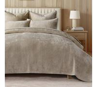 EVERGRACE Velvet Quilt Set Queen Size, Luxurious Soft Quilted Bedding Sets, Lightweight Velvet Comforter for All Season, Striped Channel Bedspread Coverlet with 2 Shams, Urban Taupe