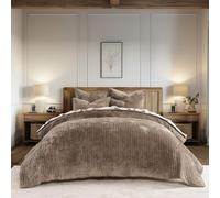 EVERGRACE Velvet Quilt Set Queen Size, Luxurious Soft Striped Channel Bedding Set, Lightweight Velvet Comforter for All Season, Oversized Bedspread Coverlet with 2 Matching Shams, Mocha Brown