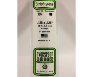 Evergreen 186 - 0.125" x 0.125" Polystyrene Strips 14"/35cm 10pcs