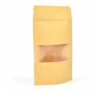 Evergreen Goods 100pcs Brown Kraft Paper Pouch Bags (90x140mm) | Reusable Self-Standing | Sealable ZipLock & Window | Heat Resealable | Perfect for Tea, Coffee Beans, Seeds, Dried Fruits Etc