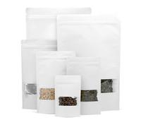 Evergreen Goods 50 White Matte Window Kraft Paper Bags (200 X 300mm) | Self Standup Pouch Design | Resealable Food Storage Bags with Tear Notch for Coffee Beans Snacks | Packaging for Valentines Gifts