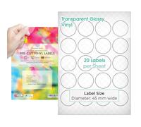 Evergreen Goods A4 Round Precut Sticker Labels | 45mm Clear | 10 Sheets | 20 per Sheet, 200 Total Stickers | Inkjet Printable | Glossy Transparent | Sticky-Back Self-Adhesive Circle Circular Vinyl