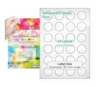 Evergreen Goods A4 Round Precut Sticker Labels - Glossy Transparent/Clear | 37mm (24 Labels per Sheet, 240 in Total) 10 Sheets | Inkjet Printable Sticky-Back Self Adhesive Circular Circle Vinyl