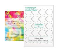 Evergreen Goods A4 Round Sticker Labels | 45mm Waterproof White | 10 Sheets | 20 per Sheet, 200 Total Stickers | Inkjet & Laser Printable | Precut, Matte | Sticky-Back Self-Adhesive Circular Circle Vinyl