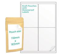 Evergreen Goods Kraft Food Pouches (110 x 185 x 30mm) with Zip Lock & Heat Seal & Pre-Cut A4 Matte White Vinyl Labels (2x2, 4 per Sheet), Reusable Packaging & Labelling for Food, Crafts, and Gifts