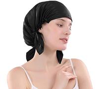 Everkeen 100% Mulberry Silk Night Sleep Cap for Women Hair Beauty Bonnet Sleeping Hat with Adjustable Elastic Ribbon Black