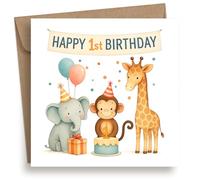 EverKind 1st Birthday Card - Safari Animal Design with Elephant, Monkey & Giraffe | Cute Jungle Party Theme | For Baby Boy or Girl First Birthday | Blank Inside | Eco Packaging