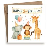 EverKind 2nd Birthday Card - Safari Animal Design with Elephant, Monkey & Giraffe | Cute Jungle Party Theme | For Baby Boy or Girl Second Birthday | Blank Inside | Eco Packaging