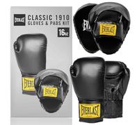 Everlast 1910 Classic Training 16oz Boxing Gloves and Focus Mitts (Black) Hook & Loop Leather Boxing Gloves for Bags & Work, Protective and Comfortable Equipment - Authentic Gear