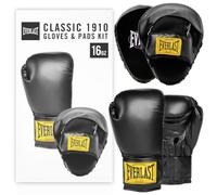 Everlast 1910 Classic Training 16oz Boxing Gloves and Focus Mitts (Black) Hook & Loop Leather Boxing Gloves for Bags & Work, Protective and Comfortable Equipment - Authentic Gear