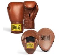 Everlast 1910 Classic Training 16oz Boxing Gloves and Focus Mitts (Brown) Hook & Loop Leather Boxing Gloves for Bags & Work, Protective and Comfortable Equipment - Authentic Gear