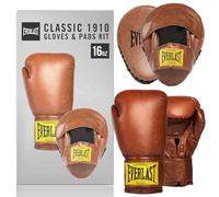 Everlast 1910 Classic Training 16oz Boxing Gloves and Focus Mitts (Brown) Hook & Loop Synthetic Leather Boxing Gloves for Bags & Work, Protective and Comfortable Equipment - Authentic Everlast Gear