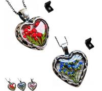 Everlasting Flower Heart Necklace，Adjustable Handmade Vintage Floral Heart Pendant Necklace for Women Valentine's Day Surprise Anniversary Gift(Red+Blue)