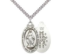 Everlasting Light Jewelry Pewter Miraculous Medal Pendant on 24 Inch Endless Rhodium Plated Heavy Curb Chain -Catholic Religious Necklace Made in USA,Deluxe Velvet Gift Box