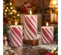 Everloria 3 PCS Christmas Candy Cane Flameless Pillar Candle, Real Wax Led Glitter Red & White Candle Light with Remote, Battery Operated Flickering Xmas Candles Gift Christmas Home Decor, 4" 5" 6"