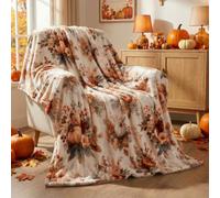 EVERLORIA Fall Pumpkin Throw Blanket 130x150, Soft Warm Flannel Sherpa Fleece Autumn Blanket, Orange Pumpkin & Maple Leaves Throw for Sofa Couch Bed, Cozy Farmhouse Thanksgiving Home Decor Gift