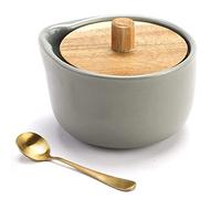 everous Salt Box base grey color Salt Cellar Elegant Design salt Boxes Big Capacity Wood lid grey Ceramic Base with spoon salt pot