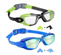 EverSport Kids Swim Goggles, Pack of 2 Swimming Goggles for Children Teens, Portable Anti-Fog Anti-UV Youth Swim Glasses Leak Proof for Age4-16, Green/Black & Mirrored Blue