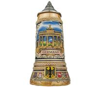 EVERSTYLE Beer Mug with Lid 0.7 L - Stone Jug with Germany Motif and XL Base Design - Brandenburg Gate on the Front - Gift Idea for Men - Ideal for Home, Party & Collection
