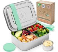 Everusely - Bento Box - Green, 37oz / 1.1 L - Stainless Steel Lunch Box with Leakproof Condiment Container - 3 Compartment Snack Container Office Meals - Freezer & Dishwasher Safe