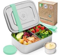 Everusely - Bento Box - Green, 47oz / 1.4 L - Large Stainless Steel Lunch Box with Leakproof Condiment Container - 3 Compartment Snack Container Office Meals - Freezer & Dishwasher Safe