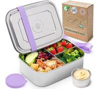 Everusely - Bento Box - Lavender, 37oz / 1.1 L - Stainless Steel Lunch Box & Leakproof Condiment Holder - 3 Compartment Snack Container Office Meals - Freezer & Dishwasher Safe